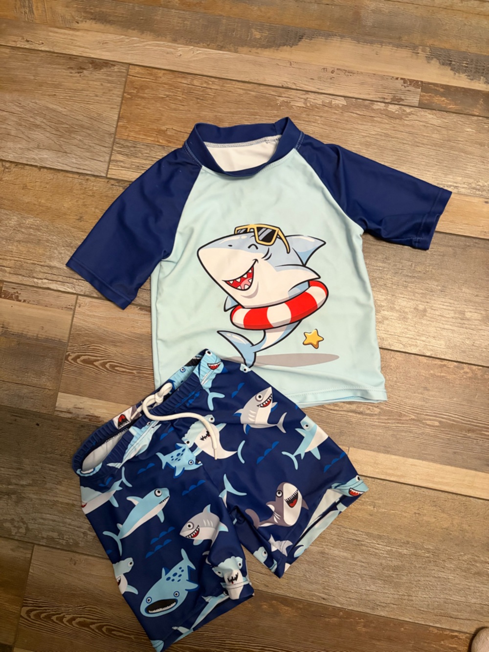 Kids Shark Graphic Rashguard Swim Set - Light Blue & Navy
